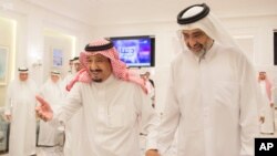 In this Aug. 17, 2017 image released by the state-run Saudi Press Agency, Saudi King Salman, left, meets Qatari Sheikh Abdullah Al Thani, right, at the monarch's vacation home in Tangiers, Morocco. A planned conference in London by a self-described Qatari political activist is the latest move by an exile from the energy-rich country to take advantage of the diplomatic crisis now gripping Doha.