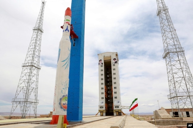 This photo, released by the official website of the Iranian Defense Ministry, July 27, 2017, claims to show the Simorgh satellite-carrying rocket at Imam Khomeini National Space Center in an undisclosed location in Iran.