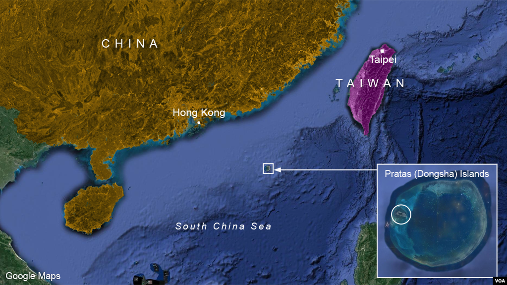 Vị trí quần đảo Đông Sa do Đài Loan kiểm soát ở Biển Đông. Bộ quốc phòng Đài loan nói các máy bay ném bom và chiến đấu của Trung Quốc đã bay bên trên vùng biển gần quần đảo này ngày thứ Bảy.
