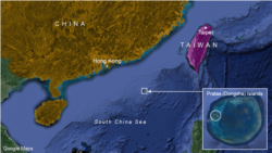 東沙島（Pratas Islands）在南海的地理位置示意圖（方塊處）。