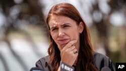 New Zealand Prime Minister Jacinda Ardern speaks about the COVID-19 situation while visiting New Plymouth, Jan. 20, 2022.