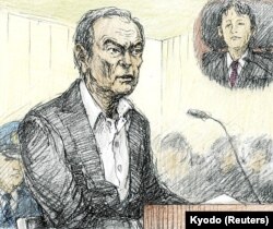 FILE - A court sketch, drawn by Nobutoshi Katsuyama, shows ousted Nissan Motor Co Ltd chairman Carlos Ghosn during an open hearing at Tokyo District Court in Japan, Jan. 8, 2019.