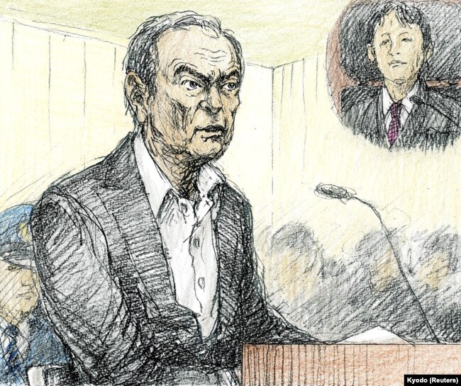 FILE - A court sketch, drawn by Nobutoshi Katsuyama, shows ousted Nissan Motor Co Ltd chairman Carlos Ghosn during an open hearing at Tokyo District Court in Japan, Jan. 8, 2019.