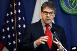 Energy Secretary Rick Perry speaks during a news conference, July 18, 2017, at the National Press Club in Washington.