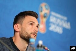 France goalkeeper Hugo Lloris answers a question during France's official press conference on the eve of the group C match between France and Australia at the 2018 World Cup in the Kazan Arena in Kazan, Russia, June 15, 2018.