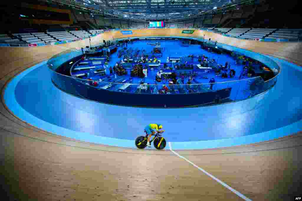 A member of the Australian cycling team trains in preparation for the 2018 Gold Coast Commonwealth Games at the Anna Meares Velodrome in Brisbane.
