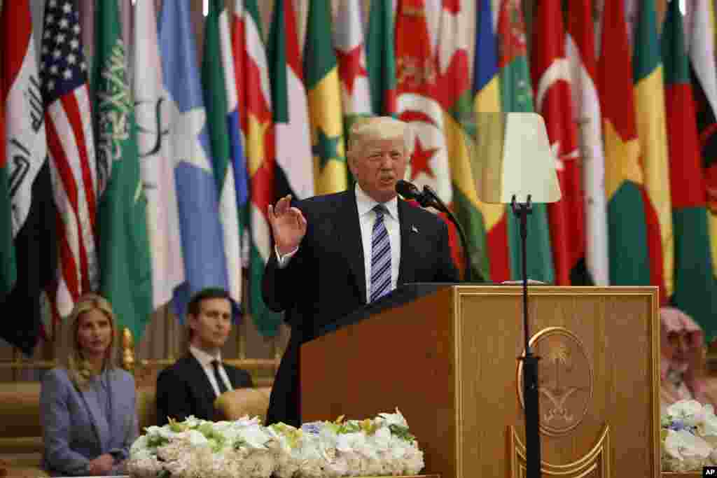 President Donald Trump delivers a speech to the Arab Islamic American Summit, at the King Abdulaziz Conference Center, May 21, 2017, in Riyadh, Saudi Arabia.