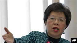 Margaret Chan, Director General of the World Health Organization [WHO], delivers her statement during the launch of the global plan to prevent resistance to potent malaria treatment at the WHO headquarters, Geneva, Switzerland, January 12, 2011 (file phot