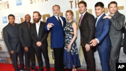 From left, Denzel Washington, Antoine Fuqua, Peter Sarsgaard, Vincent D'Onofrio, Haley Bennett, Chris Pratt, Martin Sensmeier, Ethan Hawke attends a special screening of "The Magnificent Seven" at The Museum of Modern Art, Sept. 19, 2016, in New York. 