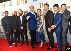 From left, Denzel Washington, Antoine Fuqua, Peter Sarsgaard, Vincent D'Onofrio, Haley Bennett, Chris Pratt, Martin Sensmeier, Ethan Hawke attends a special screening of "The Magnificent Seven" at The Museum of Modern Art, Sept. 19, 2016, in New York.