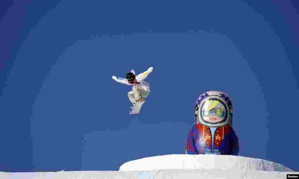Snowboarder Sven Thorgren of Sweden trains on the slopestyle snowboard course during practice for the 2014 Sochi Winter Olympics in Rosa Khutor, Russia.