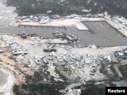 An aerial photo shows the aftermath of the Hurricane Dorian damage over an unspecified location in the Bahamas,