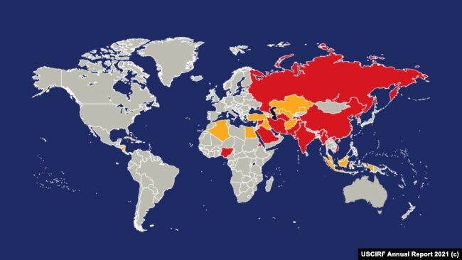 Список рекомендаций USCIRF. Красным выделены страны-претенденты для списка CPC. Желтым - для SWL. Изображение: USCIRF Annual Report 2021