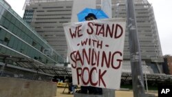 Opponents of the Dakota Access oil pipeline protest at the San Francisco Federal Building in San Francisco, Feb. 8, 2017.