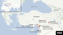 NATO menetapkan tiga pangkalan untuk menempatkan rudal patriot di Turki, yang telah disurvey oleh tim pendahuluan awal Desember lalu (Gambar peta lokasi rudal patriot NATO)