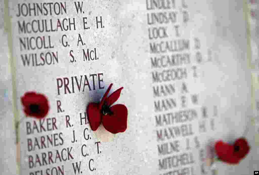 Poppies decorate a commemorating wall with the names of fallen servicemen at the Lone Pine cemetery and memorial site in Gallipoli peninsula, Turkey, April 23, 2015.