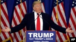 Republican presidential candidate Donald Trump speaks during a news conference at the Trump National Golf Club in Jupiter, Florida, March 8, 2016. 