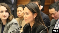 Monovithya Kem, middle, CNRP's deputy director general of public affairs testified at the open hearing on “Cambodia's Descent: Policies to Support Democracy and Human Rights” on Tuesday, December 12, 2017, at the Rayburn House Office Building. (Sreng Leakhena/VOA Khmer)

