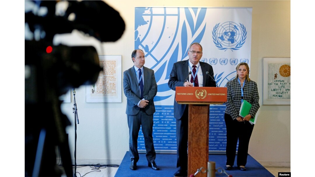U.N. Independent Investigation on Burundi independent experts (L to R) Pablo de Greiff, Christof Heyns and Maya Sahli-Fadel speak upon presenting a final report, Sept. 27, 2016.