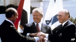 Egyptian President Anwar Sadat, US President Jimmy Carter and Israeli Prime Minister Menachem Begin, White House, March 1979