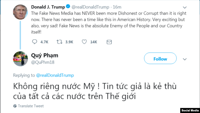 Một bình luận của bà Phạm Thị Qúy về thông tin trên Twitter của ông Trump.