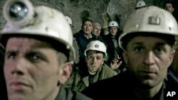 Les mineurs du complexe minier de Trepca, assis pendant une grève, à l'intérieur de la mine Stari Trg, au Kosovo, le 21 janvier 2015.