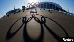 夕阳映照下的波尔肖冰宫前的奥运五环。在索契奥林匹克公园内，筹备工作仍在继续进行。（2014年2月3日）