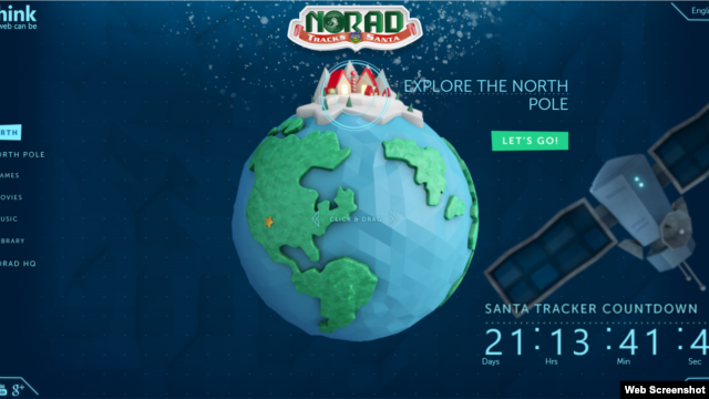 Imagen del portal de NORAD donde se puede seguir la travesía de Santa Claus en su viaje alrededor del mundo, a partir de la medianoche del 24 de diciembre, hora universal.