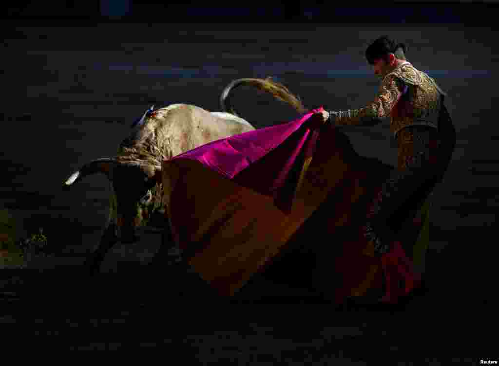 Bullfighter Adrian Henche performs a pass to a bull during the Pilar&#39;s bullfighting fair at Las Ventas bullring in Madrid, Spain, Oct. 8, 2017.