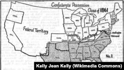 This map, from a 1920 Encyclopedia, shows the Union and Confederate states at the end of 1861.