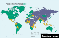 2019世界自由度報告顯示全世界有86個“自由“國家，59個“部分自由”國家、50個”非自由“國家（自由之家網站圖片）