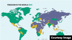 2019世界自由度报告显示全世界有86个“自由“国家，59个“部分自由”国家、50个”非自由“国家（自由之家网站图片）