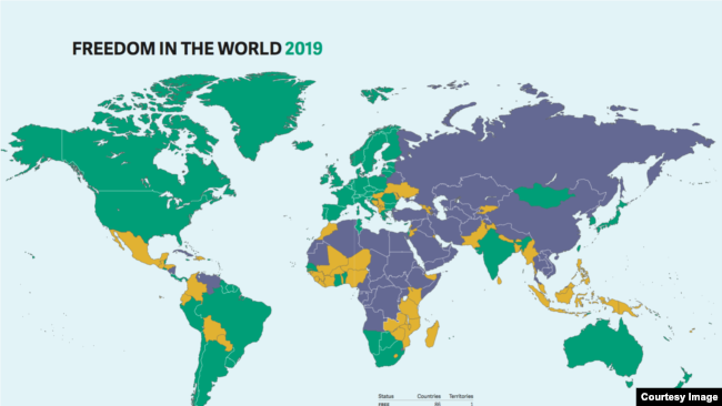 2019世界自由度报告显示全世界有86个“自由“国家，59个“部分自由”国家、50个”非自由“国家（自由之家网站图片）