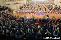 North Korean leader Kim Jong Un reacts during a celebration for nuclear scientists and engineers who contributed to a hydrogen bomb test, in this undated photo released by North Korea's Korean Central News Agency (KCNA) in Pyongyang, Sept. 10, 2017.