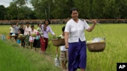 A Cambodian woman, foreground, carries baskets loaded with food together with her neighbors as they walk through rice paddy fields after a Buddhist ceremony locally called Bonn Kathen at Prey Thom village, Takeo province, about 80 kilometers (50 miles) south of Phnom Penh, Cambodia, Sunday, Nov. 6, 2011. (AP Photo/Heng Sinith)