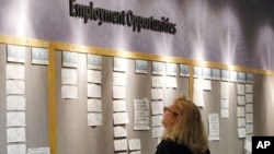 Lori Kamlet looks at posted employment opportunities at a Denver Employment office on Friday, July 22, 2011