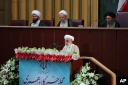FILE - In this photo released by the official website of the office of the Iranian Presidency, Ayatollah Ahmad Jannati speaks during inaugural meeting of the Assembly of Experts in Tehran, May 24, 2016.