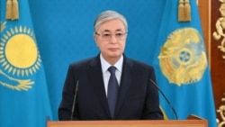 Kazakh President Kassym-Jomart Tokayev speaks during a televised address to the nation following the protests triggered by fuel price increases in Nur-Sultan, Kazakhstan, Jan. 7, 2022.