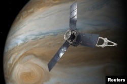 NASA's Juno spacecraft in orbit above Jupiter's Great Red Spot is seen in this undated handout illustration obtained by Reuters, July 11, 2017.
