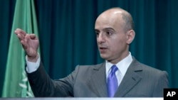 Saudi Arabian Ambassador Adel al-Jubeir, talking to reporters in Washington, says "there can be no half measures" in the effort to stop the Houthis' advance in Yemen, April 15, 2015.