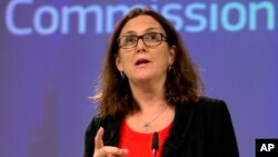European Commissioner for Trade Cecilia Malmstrom speaks during a media conference at EU headquarters in Brussels, Sept. 18, 2018. 