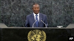 FILE - Michael Sata, President of Zambia, speaks during the general debate of the 68th session of the United Nations General Assembly at United Nations headquarters, Sept. 24, 2013.