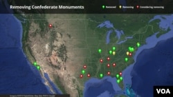 Locations of Confederate monuments that have been removed, are being removed or where local officials are considering removal.