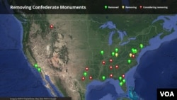 Map: Locations of Confederate monuments that have been removed, are being removed or where local officials are considering removal.