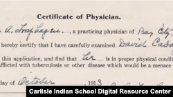 Doctor's certification of good health for Carlisle Indian School student David Cabay (Chippewa Nation).