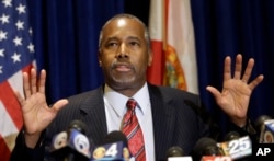 Republican presidential candidate Ben Carson speaks to reporters during a news conference Nov. 6, 2015, in Palm Beach Gardens, Florida.