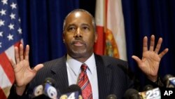 Republican presidential candidate Ben Carson speaks to reporters during a news conference Nov. 6, 2015, in Palm Beach Gardens, Florida.