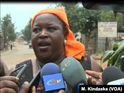 Clotilda Wah, spokesperson of the Northwest and Southwest Women's Task Force, speaks during a protest in Bamenda, Cameroon. (M. Kindzeka/VOA)