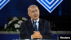 Israeli Prime Minister Benjamin Netanyahu speaks during a ceremony marking the 50th anniversary of the 1967 Middle East War, at the Memorial Site and Armored Corps Museum in Latrun, Israel, June 5, 2017. 