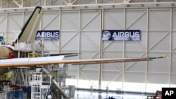 FILE - The Airbus A350 XWB assembly line is seen in Toulouse, southwestern France, June 16, 2014. 